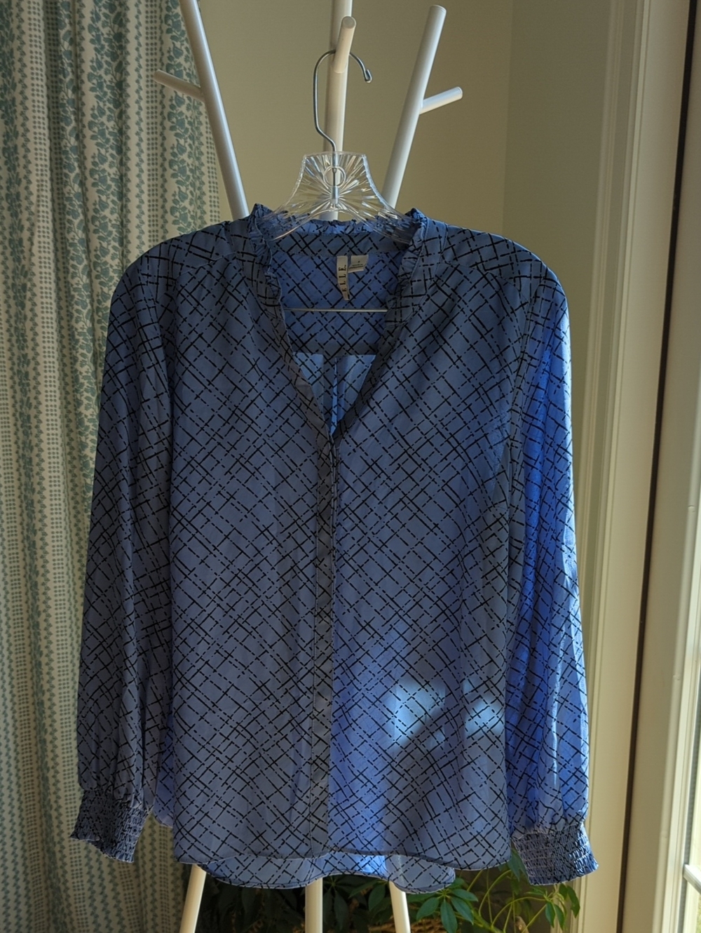 Elle Blue Button-Down Top with Black Geometric Print